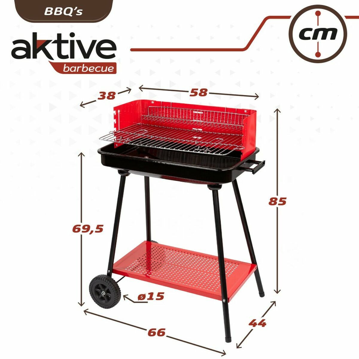Barbacoa de Carbón con Ruedas Aktive Acero Plástico 66 x 44 x 85 cm Rectangular Rojo